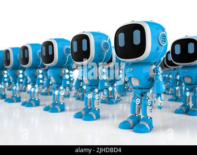 3D Rendering-Gruppe von blauen Roboterassistenten oder Robotern für künstliche Intelligenz Stockfoto