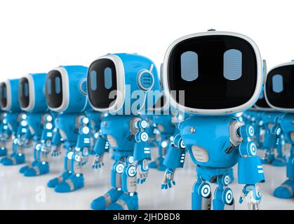 3D Rendering-Gruppe von blauen Roboterassistenten oder Robotern für künstliche Intelligenz Stockfoto