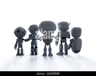 3D Rendering-Gruppe von Roboterassistenten oder Robotern für künstliche Intelligenz Rückansicht Stockfoto