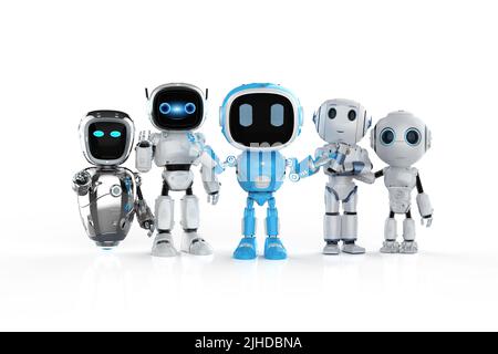 3D Rendering-Gruppe von blauen Roboterassistenten oder Robotern für künstliche Intelligenz Stockfoto
