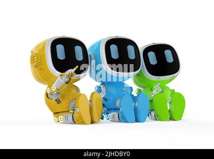 3D Rendering-Gruppe von Roboterassistenten oder Robotern für künstliche Intelligenz Stockfoto