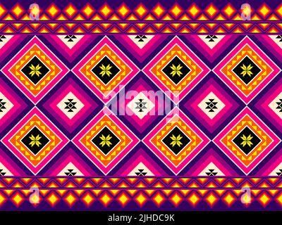 Orange Magenta Symmetrie zwei quadratische geometrische ethnische nahtlose Muster-Design auf lila Hintergrund. Östliche Stickerei Stock Vektor