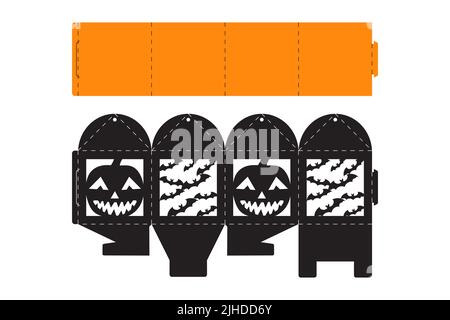 Halloween-Treat-Box mit gruseligen Kürbis. Jack-o-Laterne Gesichts-Geschenk-Party-Verpackung für süß, Süßigkeiten, kleines Geschenk, Bäckerei. Einfaches Paket Stanzform t Stock Vektor
