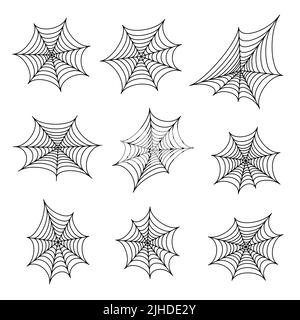 Set aus schwarzen Silhouetten aus Spinnennetz. Gruselige Horror Design Deko für Halloween Party. Gruseliger Hintergrund für die Oktoberparty und Einladungen. Flach Stock Vektor