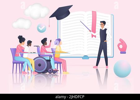 Inklusive Bildung, Mann mit Zeiger Lehre verschiedene Gruppe von Kindern mit Behinderung. Studenten mit Tutor, Kinder im Rollstuhl sitzen und lernen Vektor-Illustration. Inklusion, Pädagogik Konzept Stock Vektor