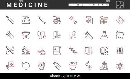 Medizinische Geräte, Apotheke und Notfall-Medkit dünne rote schwarze Linie Symbole setzen Vektor-Illustration. Abstract Rezept für Pillen und Medikamente, Kapseln und Spritzenbehandlung, MRT, Rollstuhl Stock Vektor