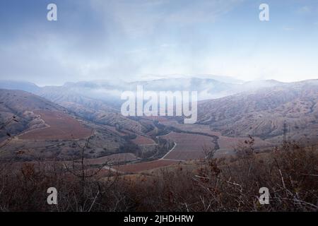 Eine gebirgige Herbstlandschaft. Weinberge in rot, Berge. Ein gemütliches Weingut im Tal. Vorderansicht. Stockfoto