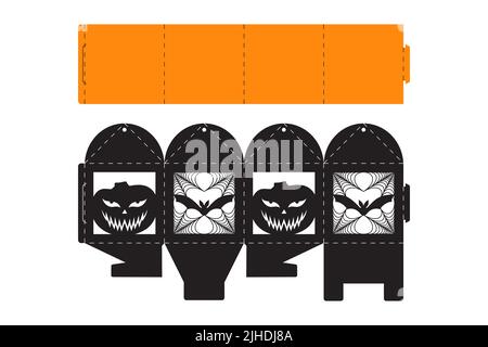Halloween-Treat-Box mit gruseligen Kürbis. Jack-o-Laterne Gesichts-Geschenk-Party-Verpackung für süß, Süßigkeiten, kleines Geschenk, Bäckerei. Einfaches Paket Stanzform t Stock Vektor