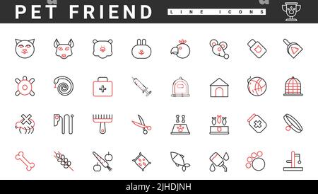 Tiernahrung, Tierpflege und Tierpflege für Tiere dünne rote und schwarze Linien Symbole Vektorgrafik setzen. Abstrakter Hund und Katze, Hamster und Vogel, medizinische Tasche mit Kreuz, Spritze mit Impfstoffsymbolen Stock Vektor