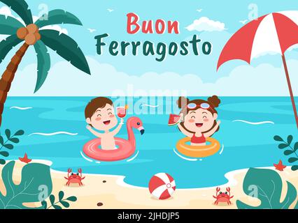 Buon Ferragosto Italienisches Sommerfest am Strand Cartoon Illustration am Feiertag feierte am 15. August in Flat Style Design Stock Vektor