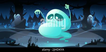 Gruseliger Halloween-Hintergrund mit Geistern, die nachts im dunklen Wald fliegen. Vektor-Cartoon gruselige Illustration der Mitternachtslandschaft mit schwarzen Bäumen Silhouetten, Nebel und gruselige Phantome Stock Vektor