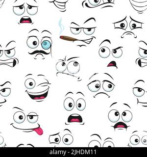 Lächeln Gesichtsmuster, lustige Emoticons und glücklich Emoji, Vektor nahtlosen Hintergrund. Niedliches Lächeln Figuren Muster aus Cartoon Kawaii Emoticons lachen oder verängstigt, rauchen Zigarre und mit Monocle oder Zunge aus Stock Vektor
