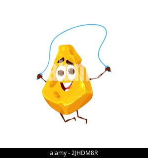 Cartoon-Käse mit Springseil, Food-Charakter auf Sport oder Fitness, Vektor-Kinder-Persönlichkeit. Lustige niedliche Klumpen oder Stück Käse mit Löchern auf Springseil für Kinder-Design Stock Vektor
