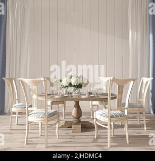 Hochzeitszimmer im Küstendesign mit Esstisch. Die weiße Wand im wunderschönen Hintergrund des Hauses ist nachgebaut. Hampton-Stil 3d-Renderdarstellung. Stockfoto