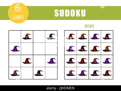 Sudoku für Kinder. Aktivitätsblatt für Kinder. Puzzle-Spiel mit halloween-Hüte. Bildungs- und Freizeitkonzept. Vektor-Illustration im flachen Cartoon-Stil Stock Vektor