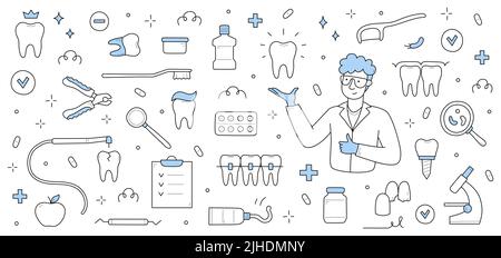 Zahnmedizin Doodle Set. Stomatologie Arzt mit gesund glänzenden Zahn in der Hand, medizinische lineare Geräte Symbole um. Zahnklinik Dienstleistungen, Zähne und Karies Behandlung Vektor Banner Stock Vektor