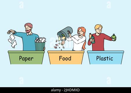 Menschen, die Abfall in Containern sortieren. Umweltfreundliche Freiwillige oder Aktivisten kümmern sich um die Umwelt. Konzept des Umweltmanagements. Vektorgrafik. Stock Vektor
