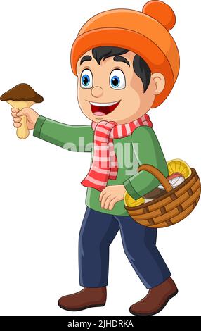 Cartoon kleiner Junge mit Korb von Pilzen Stock Vektor