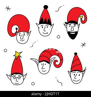 Fröhliche Weihnachten Set von Avataren mit Kopf Elf oder gnome Charakter Porträt. Die Xmas schwarz und rot Vektor Illustration in Doodle Art Stil. Trendige Hand Stock Vektor