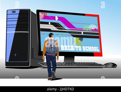 Abstrakter pc-Desktop mit Young man-Bild. Zurück zur Schule. Vektorgrafik 3D Stock Vektor