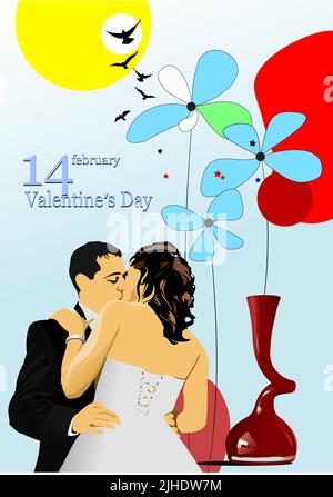 Valentinstag roten Hintergrund mit küssen Paar Bild 14 Februar. 3D Vektorgrafik Stock Vektor