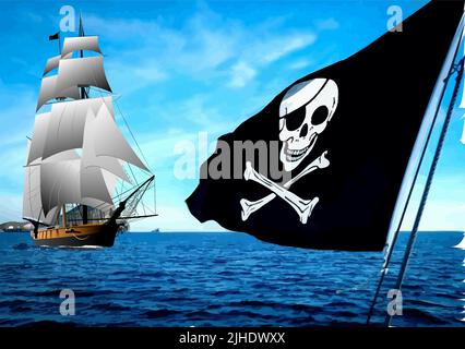 Piratenflagge und Segelboot auf dem Hintergrund des Meeres, 3D Vektor-Farbdarstellung Stock Vektor