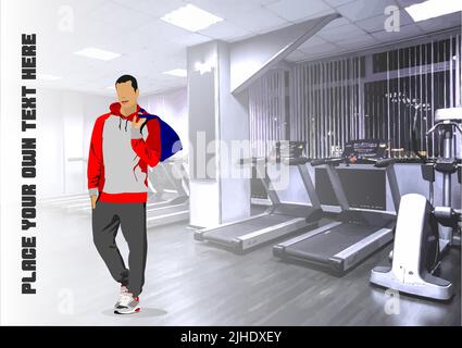 Junger Mann im Fitnessstudio. 3D Farbvektordarstellung Stock Vektor