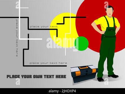 Männlicher Auftragnehmer mit Kunststoffbox voll für Werkzeuge. 3D Farbvektor-Ullustration Stock Vektor