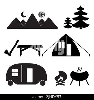 Camping Icon Set. Zelt, Axt, Grill, Camper, Lagerfeuer, Tisch, Tanne, Baum, Berg, Hügel, mond und Sonne schwarzes Symbol. Erholung im Freien. Vektor Stock Vektor