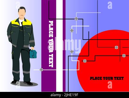 Männlicher Auftragnehmer mit Kunststoffbox voll für Werkzeuge. 3D Farbvektor-Ullustration Stock Vektor