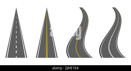 Gerade und kurvenreiche Straßen isoliert auf weißem Hintergrund. Vektorgrafik Stock Vektor