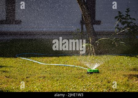 Bewässerungssystem auf dem Rasen in der Nähe des Hauses. Hochwertige Fotos Stockfoto