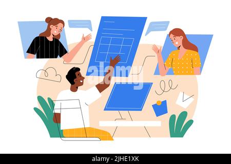 Team-Workflow-Konzept, moderne Arbeitsorganisation im Unternehmen, Mitarbeiter, die in derselben Datenbank arbeiten, Online-Interaktion mit Teamkollegen, Vektordarstellung Stock Vektor