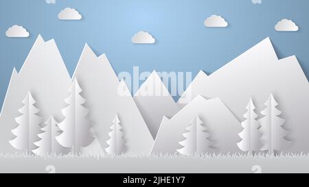 Sommer Camping Papier geschnitten Stil. Konzept mit Berg, Bäumen. Vektorgrafik Stock Vektor