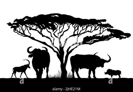 Silhouette afrikanische Landschaft und Büffel Vektor-Illustration Stock Vektor