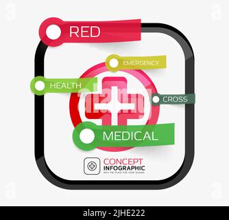 Vektor Medizin Kreuz Infografik Konzept. Modernes flaches Papier Linie Art Design mit Tags oder Ihre Optionen auf transparenten Aufklebern Stock Vektor