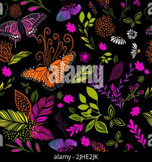 Nahtloser botanischer Hintergrund mit Blumen und Schmetterlingen. Vektorgrafik Stock Vektor