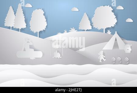 Gestaltung der Naturlandschaft. Farbenfroher Papierschnitt. Vektorgrafik Camping Stock Vektor