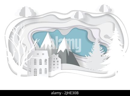 Vektorpapier Kunst. Weihnachten Illustration Vorlage für Grußkarte, Kalender oder etc. Winterlandschaft mit Hirsch und Berge Stock Vektor