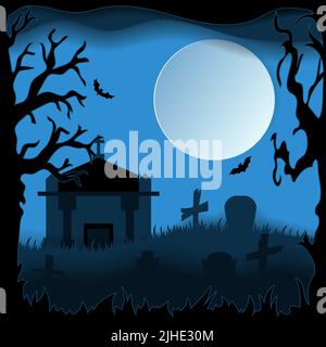 Entwerfen Sie den Friedhof. Happy halloween Papierkunst Stil. Vektorschnittdarstellung Stock Vektor