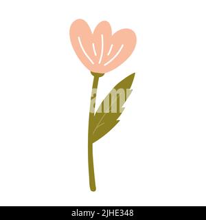 Niedliche rosa Blume mit Blättern isoliert auf weißem Hintergrund. Vektorgrafik in handgezeichneter, flacher Form. Perfekt für Karten, Logo, Dekorationen, Frühjahr und Sommer Designs. Botanischer Clipart. Stock Vektor