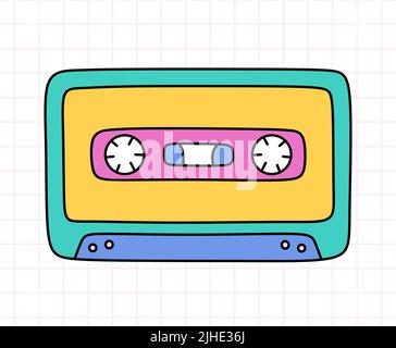 Niedliches Retro-Kassettenband des 90s im Doodle-Stil. Kompakte Audiokassette der alten Schule in leuchtenden Farben. Analoges Mixtape im Vintage-Stil. Vektor-handgezeichnete Illustration isoliert auf kariertem Hintergrund. Stock Vektor