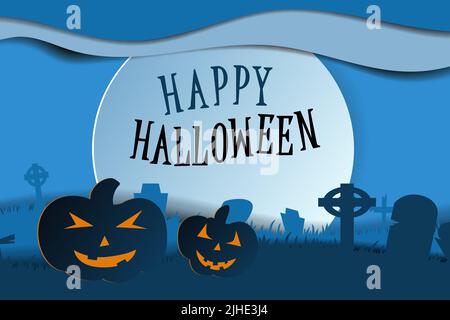 Design mit Kürbis auf dem Friedhof. Happy halloween Papierkunst Stil. Vektorschnittdarstellung Stock Vektor