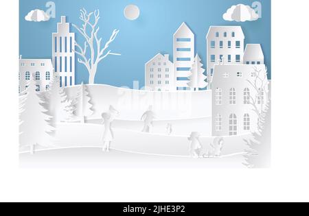 Winterlandschaft in Papierform. Berge, Bäume und Häuser. Postkarte aus ausgeschnittentem Papier in mehreren Lagen. Vektorgrafik Stock Vektor
