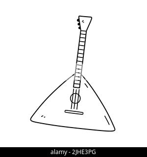 Balalaika isoliert auf weißem Hintergrund. Musikinstrument mit Holzsaiten. Vektor-handgezeichnete Illustration im Doodle-Stil. Perfekt für Karten, Dekorationen, Logo. Stock Vektor