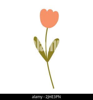 Niedliche rosa Blume mit Blättern isoliert auf weißem Hintergrund. Vektorgrafik in handgezeichneter, flacher Form. Perfekt für Karten, Logo, Dekorationen, Frühjahr und Sommer Designs. Botanischer Clipart. Stock Vektor