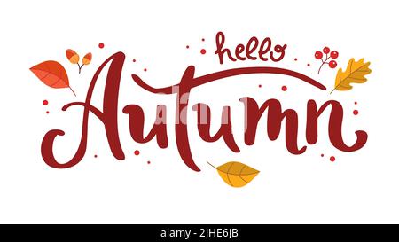 Herbstschrift mit Blättern. Handgeschriebene Pinsel Kalligraphie. Illustration in flachem Stil Stockfoto