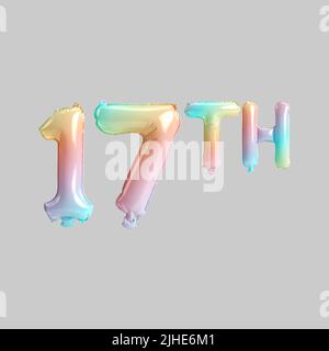 3D Abbildung von 17. Regenbogenballons für Kinder Geschäft Verkäufe isoliert auf grauem Hintergrund Stockfoto