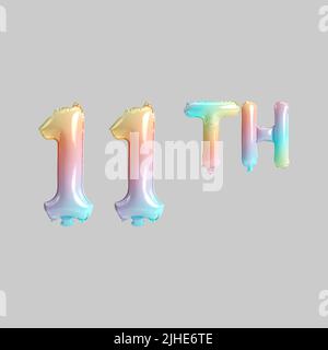 3D Abbildung von 11. Regenbogenballons für Kinder Geschäft Verkäufe isoliert auf grauem Hintergrund Stockfoto