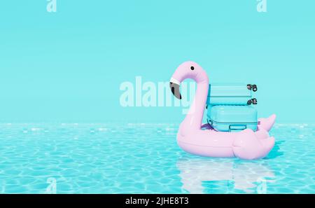 3D Rendering von harten Seitenkoffern auf rosa aufblasbaren Flamingo auf plätscherndem Wasser des Schwimmbades vor blauem Hintergrund platziert Stockfoto